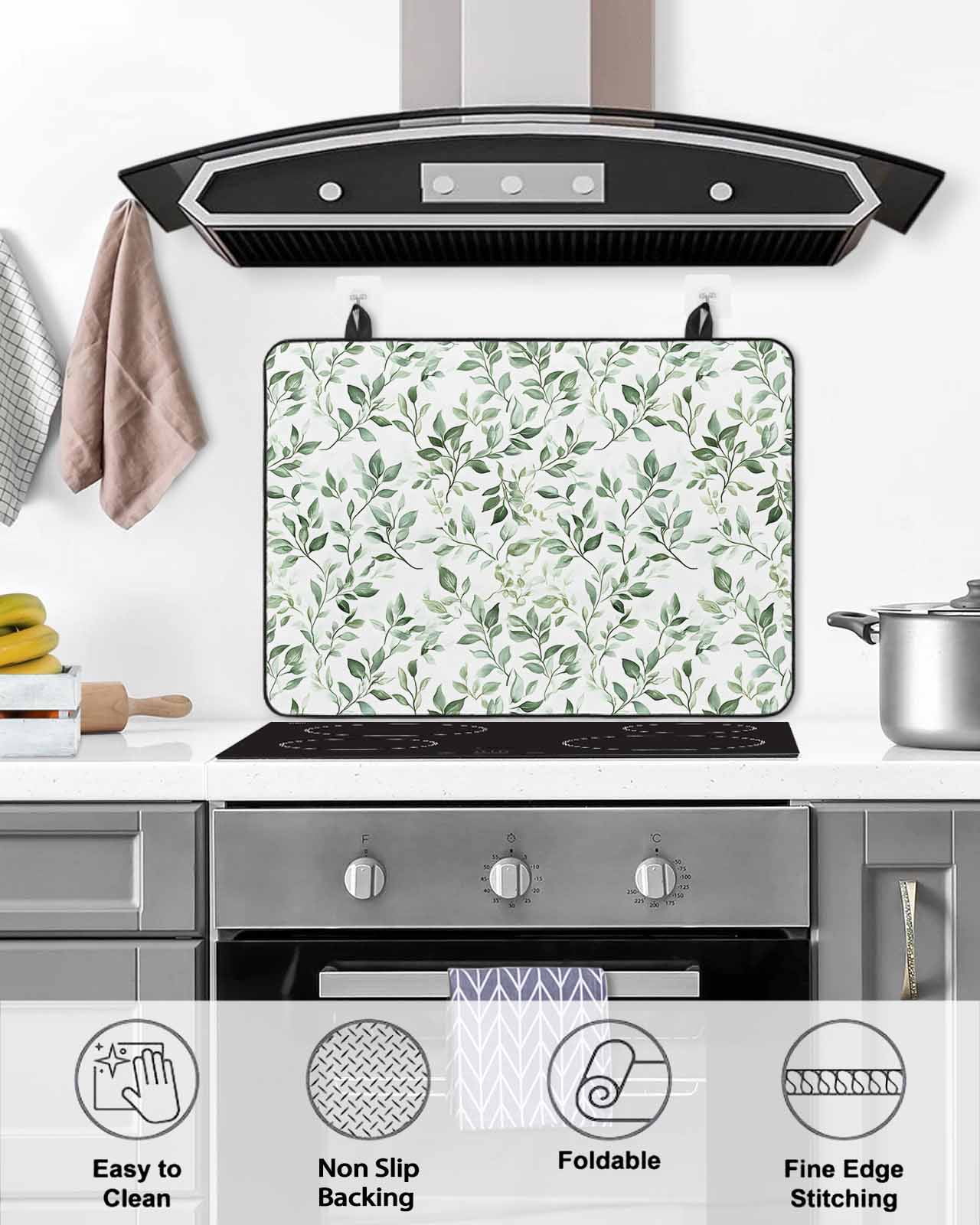 nqOlkjepod Large Induction Cooktop Protector Mat 24"x21", Sage Green Leaf Stove Top Covers for Electric Stove, Country Eucalyptus Nature Plant Branch Stove Burner Cover Mats, Glass Top Stove Cover