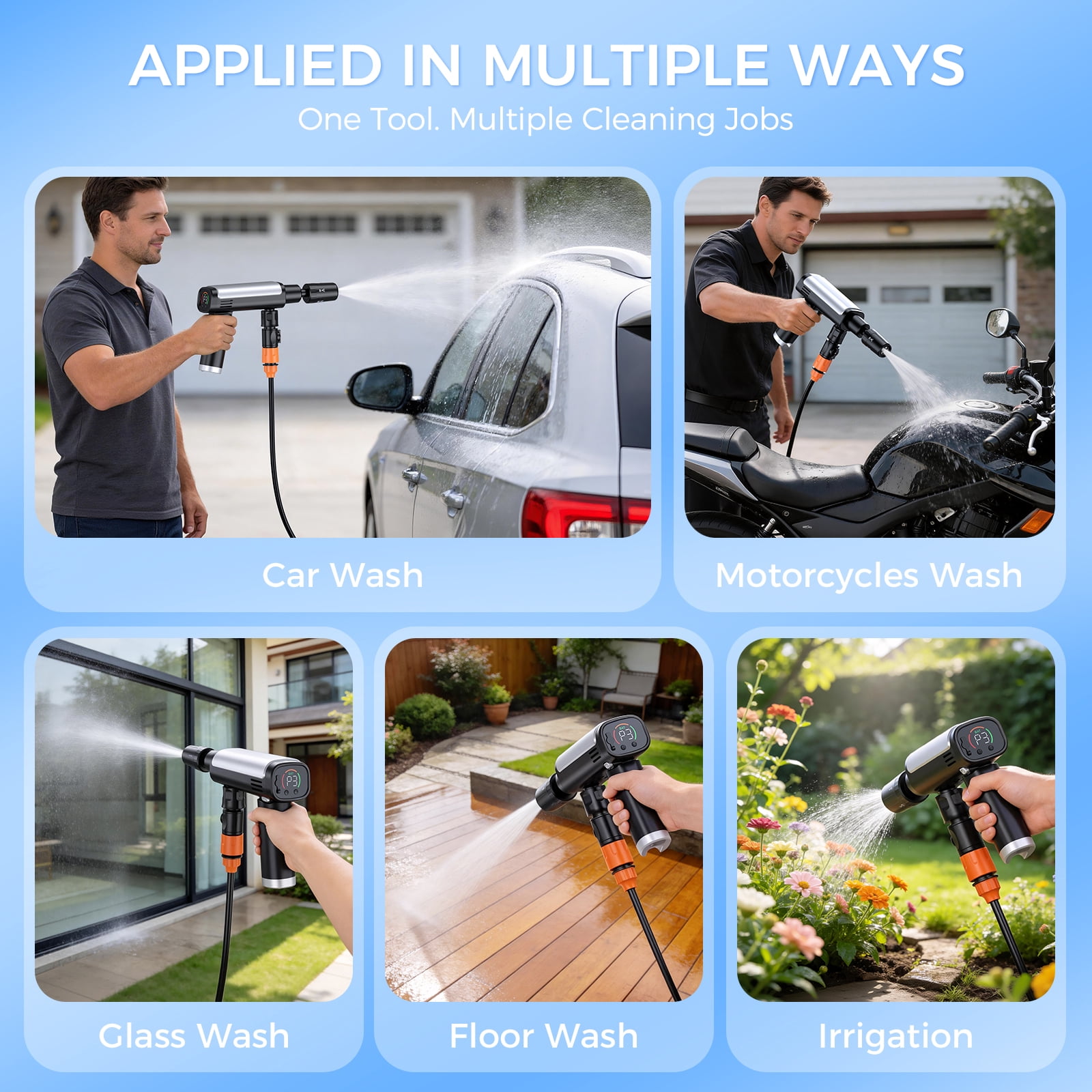 Foldable Cordless Pressure Washer, Portable Battery Power Washer with 5-in-1 Nozzle, 3 Power Levels & LCD Display, USB-C & Car DC Charging, Handheld Pressure Washer for Car, Bike, Patio & Camping