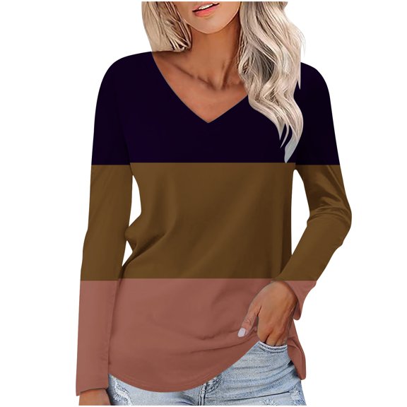 Enjoytime Womens Tops Patchwork Crewneck Long Sleeve Shirts Business Casual Loose Plus Size Blouse Fall Winter Fashion Clothes 2025 Khaki XXL