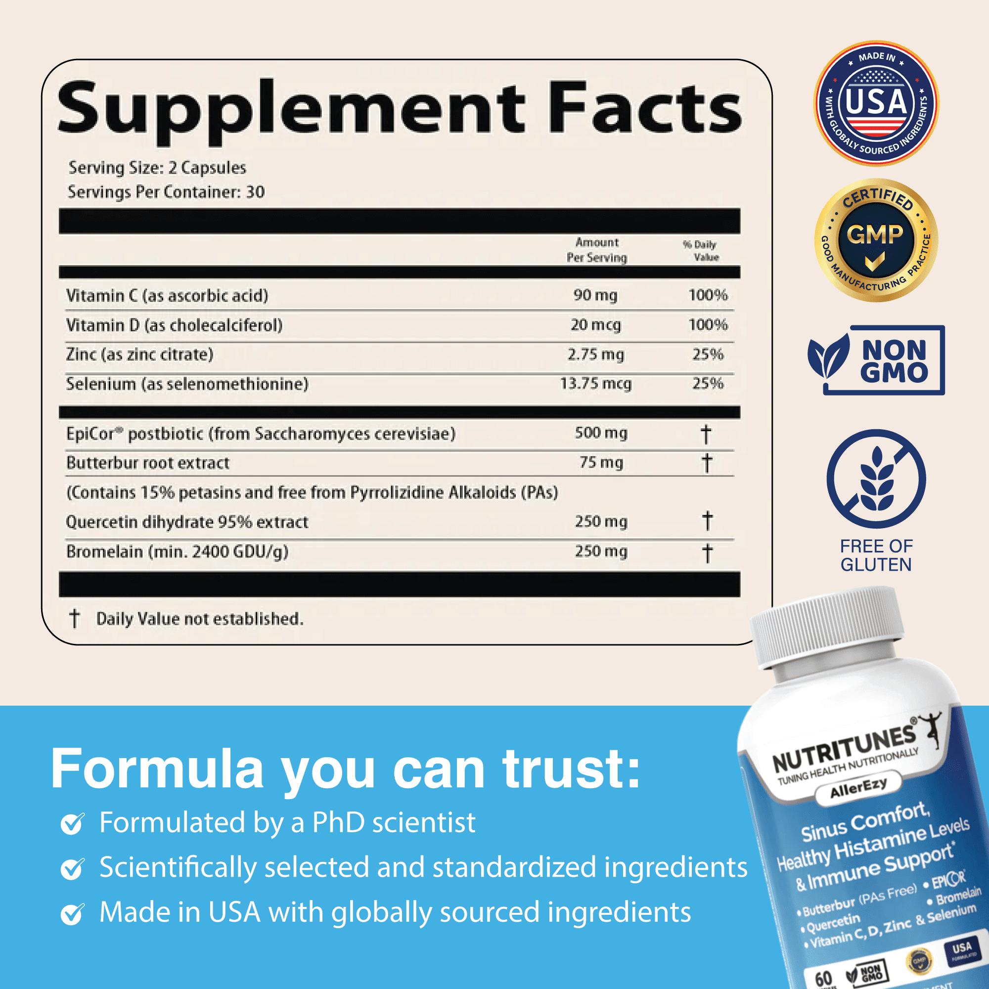 Sinus, Histamine & Immune Support – Butterbur, EpiCor, Quercetin with Bromelain – Allergy Support Supplement – 60 AllerEzy Capsules by Nutritunes