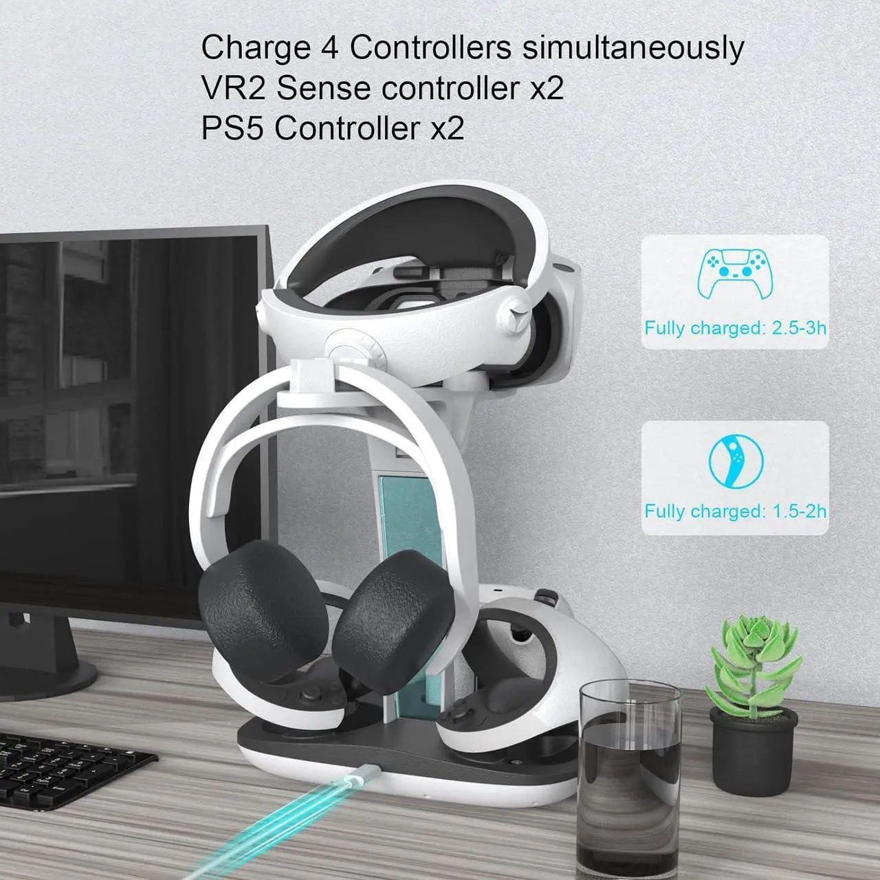 4-in-1 Controller Charging Station for PSVR2 and PS5, Dual Charging Dock with VR Headset Display Holder and Headphone Rack, LED Indicator, Charging Cable, RGB Lights, 3 Magnetic Connector