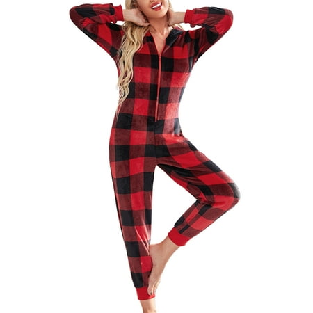 

Women s Christmas Hooded Jumpsuit Long Sleeve Zip Up V Neck Cartoon Print One Piece Pajamas