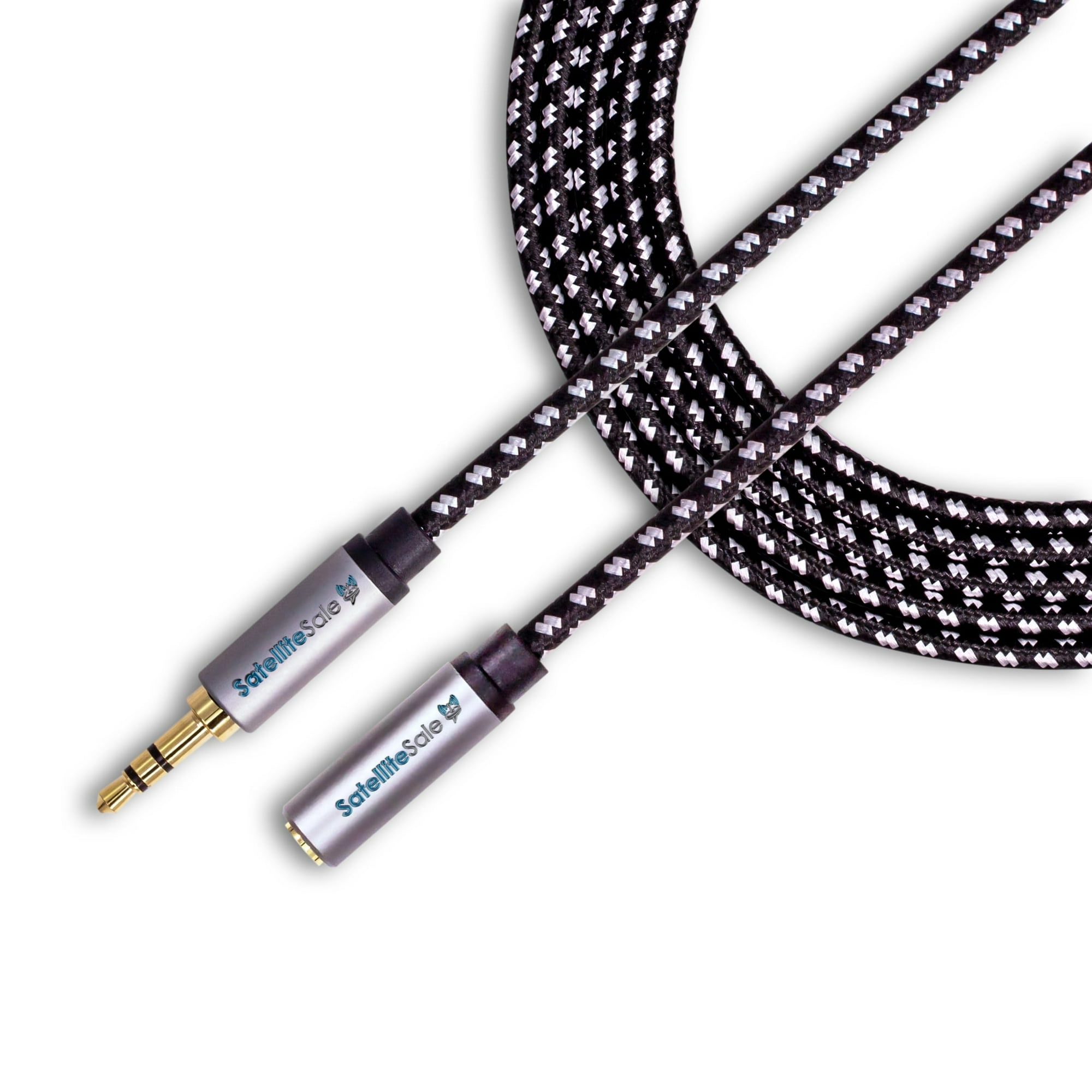 SatelliteSale Auxiliary 3.5mm Audio Jack Male to Female Aux Extension Cable Universal Wire Black/White Nylon Cord 10 feet