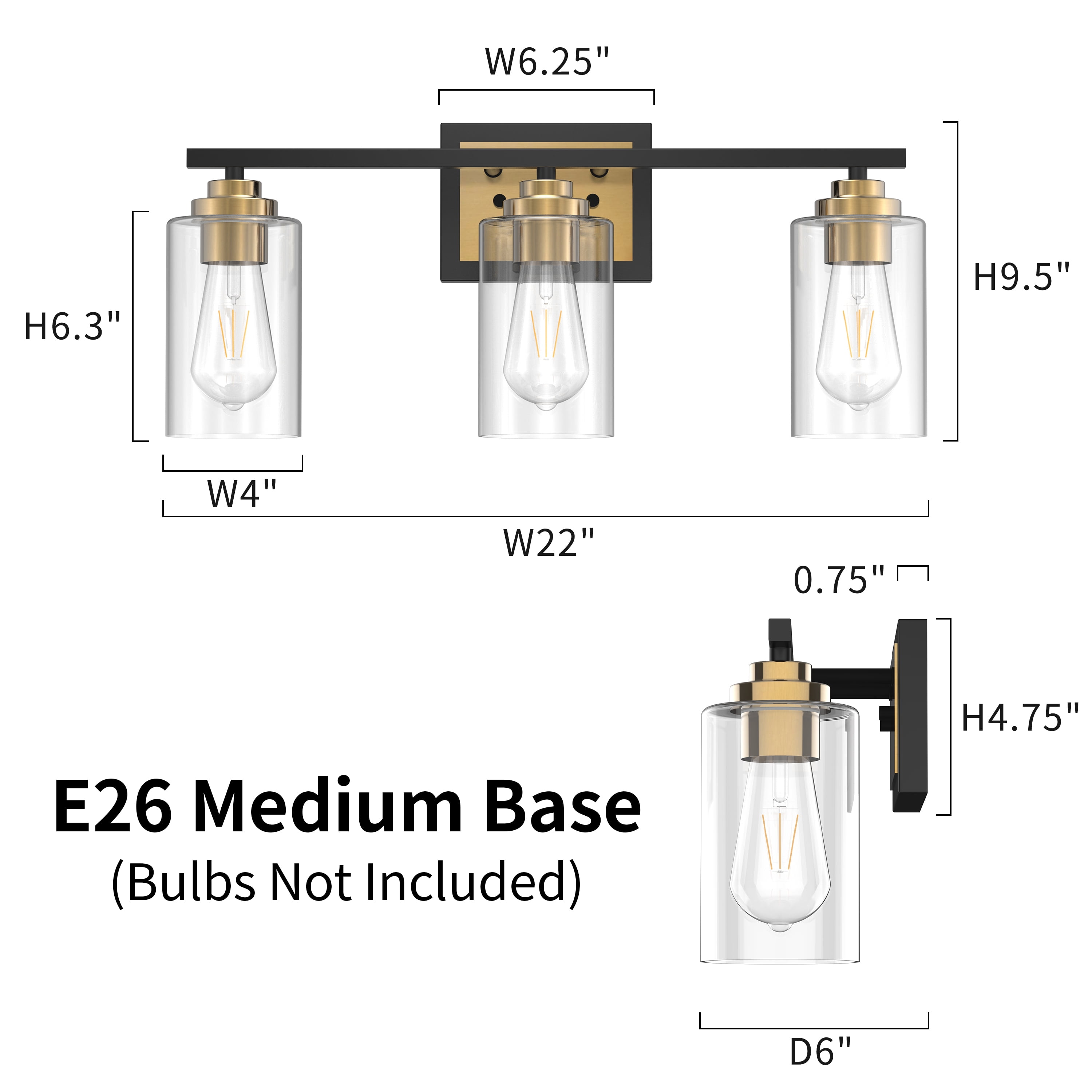 KAWOTI 22" 3-Light Black & Brass Vanity Light with Clear Glass Shade for Bathroom, Wall Mount Vanity Mirror Lighting