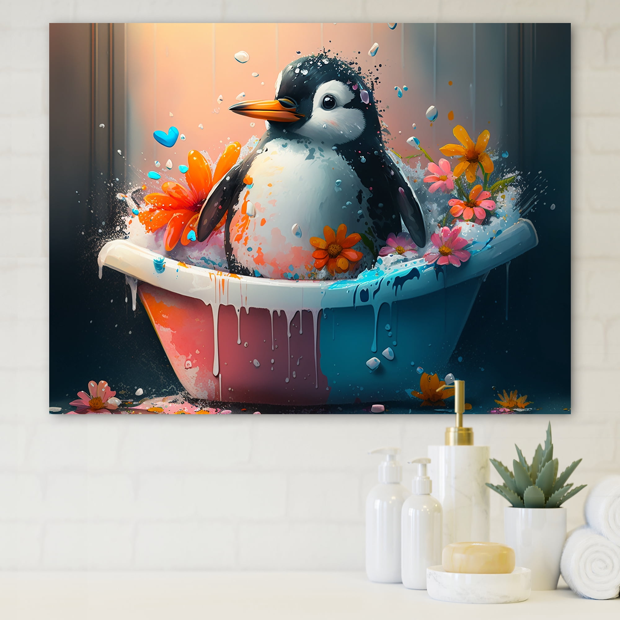 Designart Silly Penguin Bathing With Blooming Flowers II Canvas Wall Art