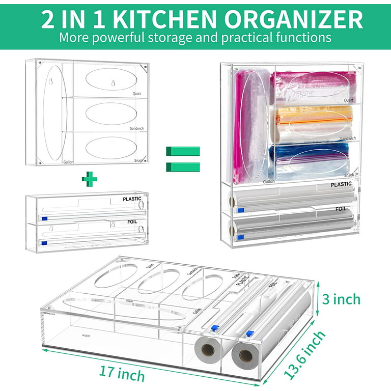 7-in-1 Ziplock Bag Organizer with Wrap Dispenser Cutter - Storage for  Gallon, Quart, Sandwich, Snack Bags, Wax Paper, Foil, and Plastic Wrap -  Kitchen