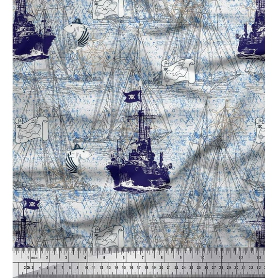 Soimoi Silk Fabric Fish & Ship Ocean Printed Craft Fabric by the Yard 42 Inch Wide