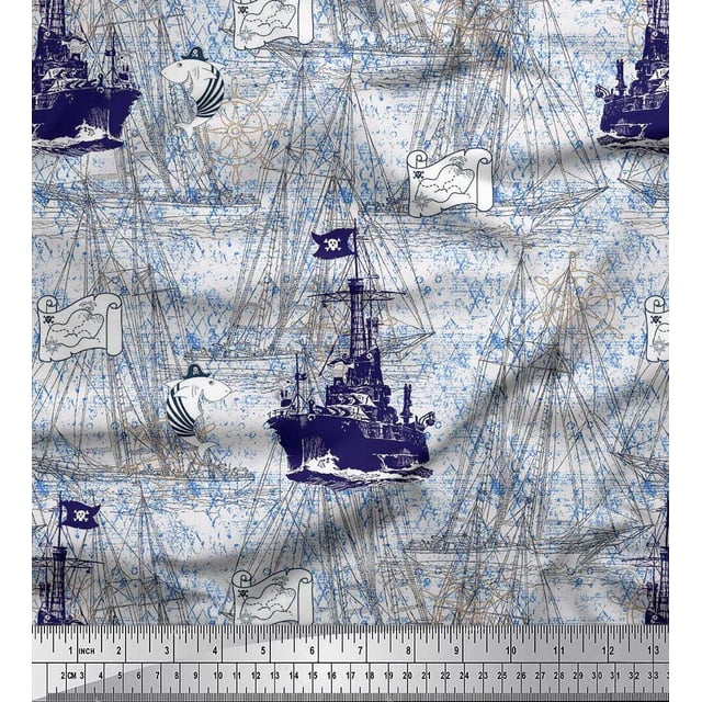Soimoi polyester Crepe Fabric Fish & Ship Ocean Printed Fabric 1 Yard 52 Inch Wide