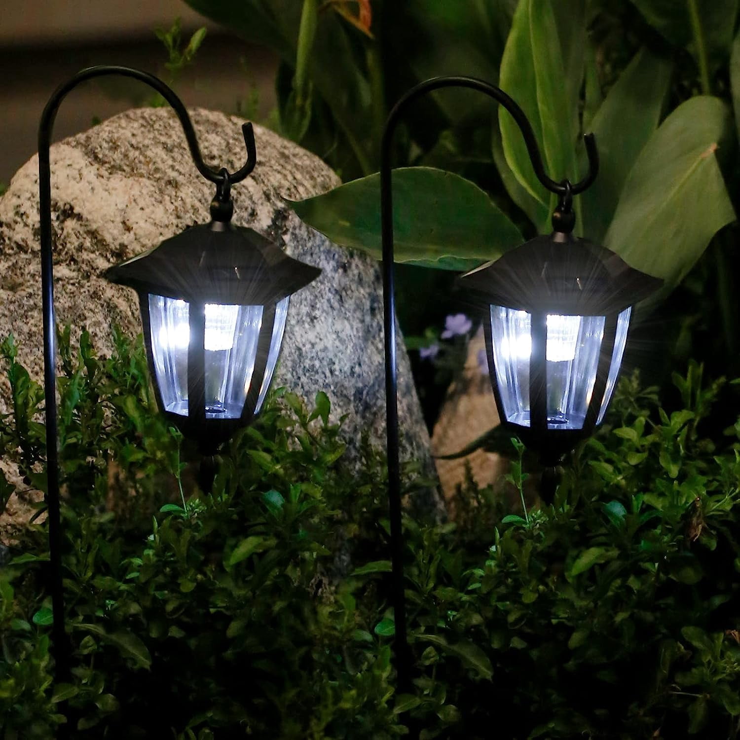 TOYIEW Hanging Solar Lights Outdoor Waterproof, 35 Inch Shepherd Hook Lights with 4 Shepherd Hooks, Solar Lantern Lights for Garden Decor, Pathway, Porch Decor, Patio, Backyard and Yard, 4 Pack