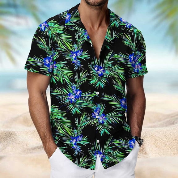 Hawaiian T Shirt for Men Short Sleeve Lapel Button Down Printed Shirts Beach Top Multicolor 2 XXL