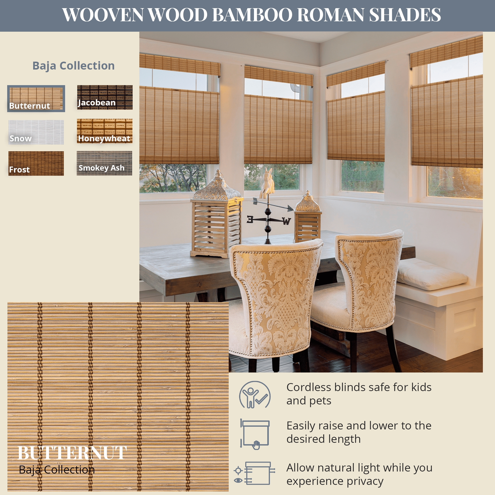 Natural Woven Top Down Bottom Up Cordless Bamboo Roman Shades for Windows, 21.5 in. W x 72 in. L, Butternut