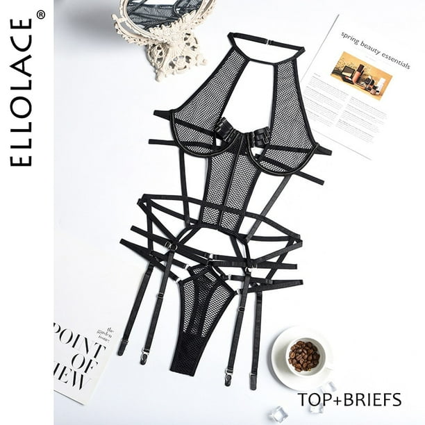 Ellolace Sexy Disfraces exóticos Lencería sensual Vendaje transparente Ropa erótica Porno Goth Mesh Sex Outfit Sissy Top and Briefs Tan Jianjun unisex