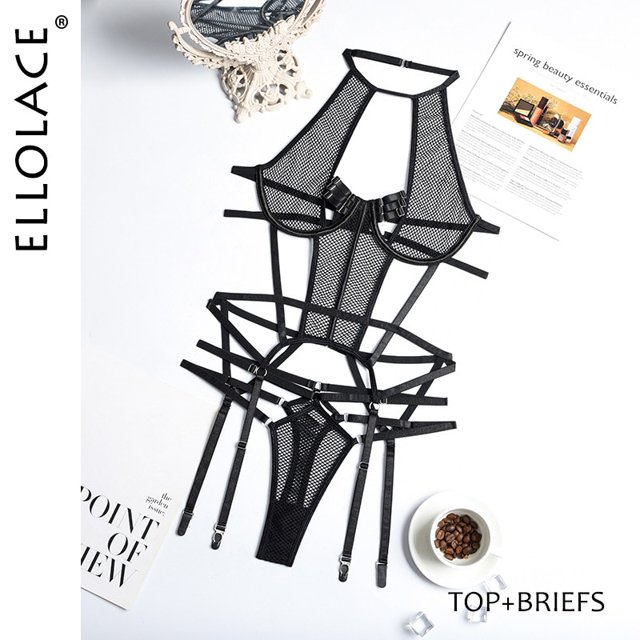 Ellolace Sexy Disfraces exóticos Lencería sensual Vendaje transparente Ropa erótica Porno Goth Mesh Sex Outfit Sissy Top and Briefs Tan Jianjun unisex