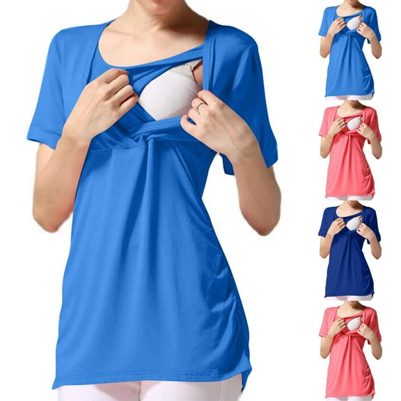 Olyvenn Womens Nursing Shirts for Breastfeeding Stylish Silky Touch Postpartum Pullover Casual Short Sleeve Maternity Tops Blue 10