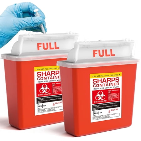 Sharps Container Small - Sharps Containers for Home Use and Labs - Portable Needle Disposal and Travel Size Biohazard Bin - (5 Quart, 2, Count)