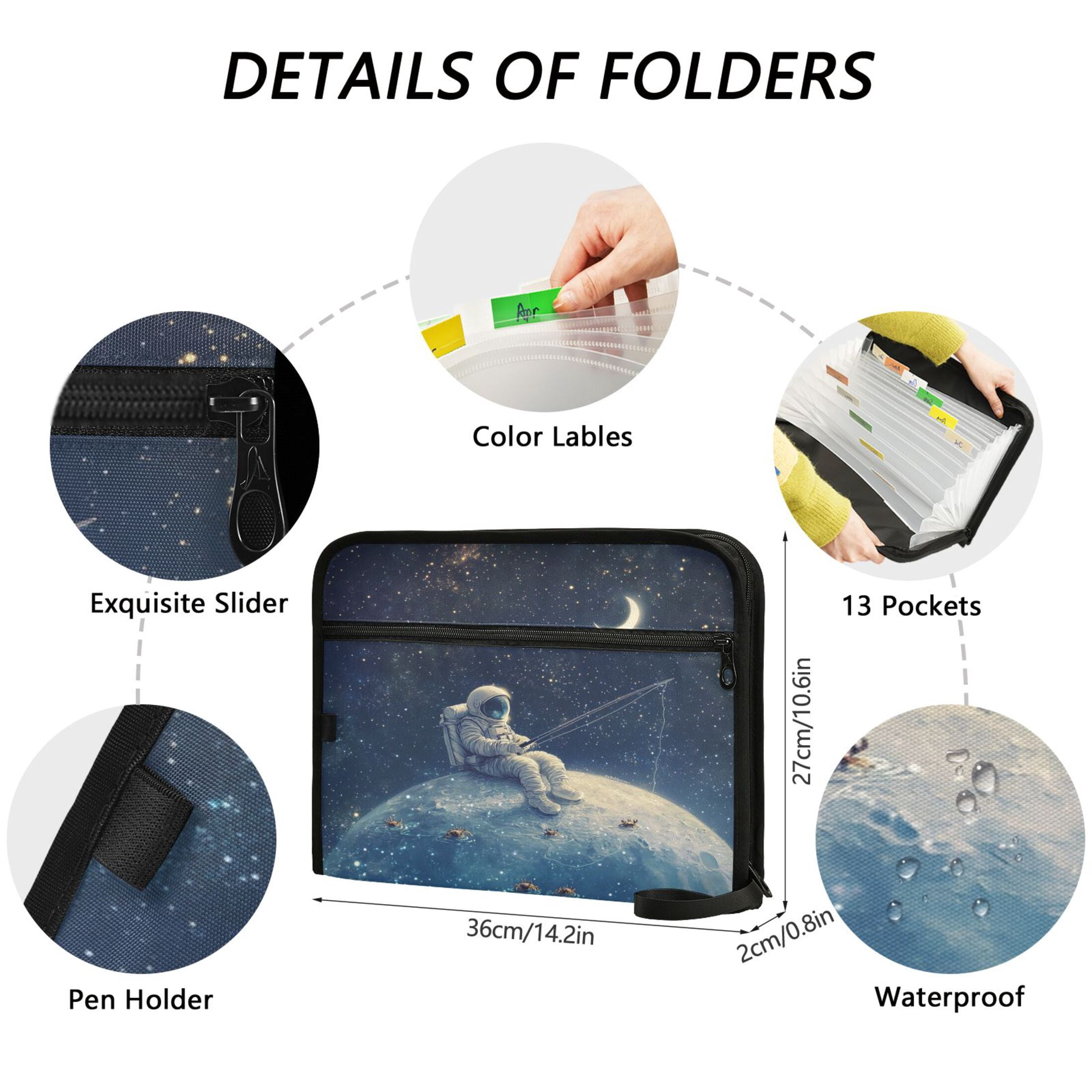 WOBOGO Astronaut Fishing on The Moon Expanding File Folder Letter Size Accordion Filing Organizer 13 Pocket Separate Organ Pocket