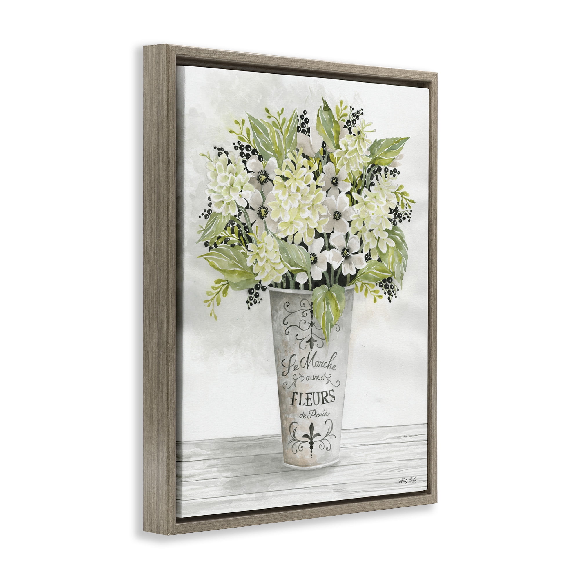 Stupell Industries French Floral Greenery Bouquet Botanical & Floral Painting Brown Floater Framed Canvas Art Print Wall Art, 25 x 31
