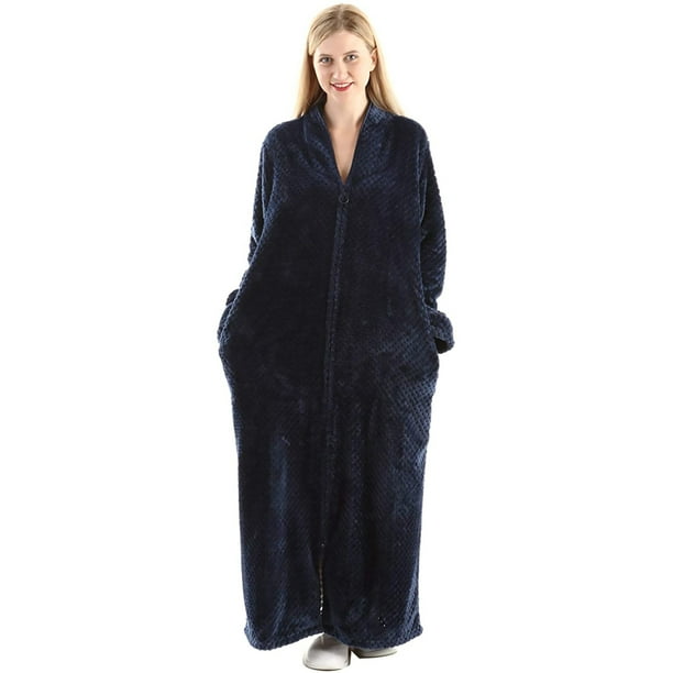 Oksun Womens Zip up Bathrobes Long Plush Fleece Warm Dressing Robe Navy