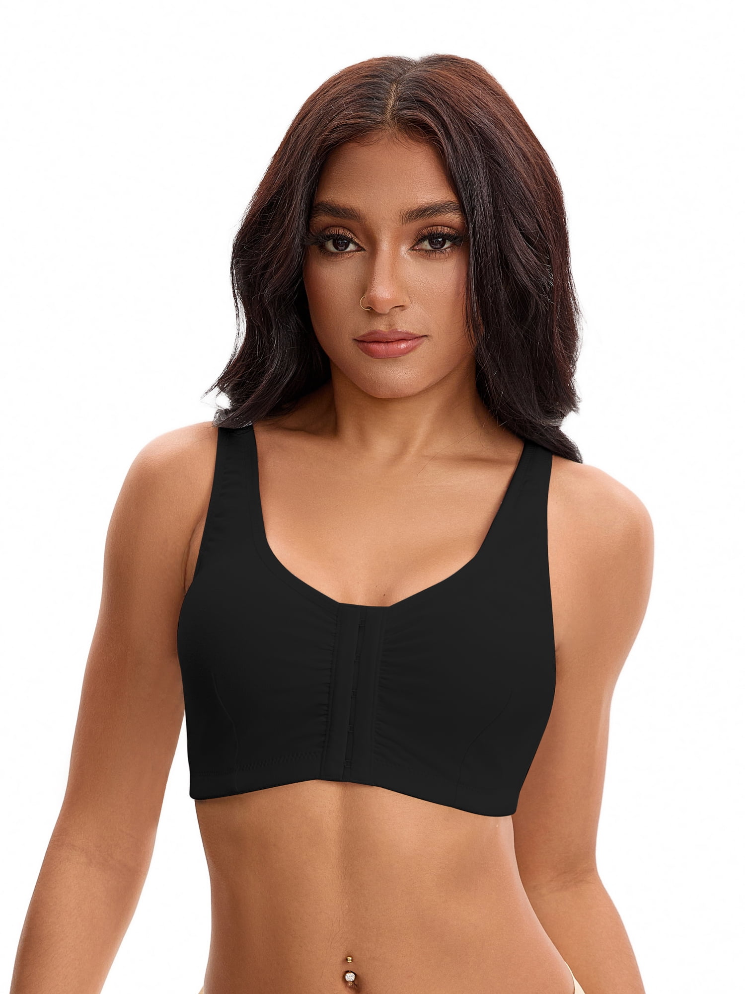 Unique Bargains Women's Front Closure Adjustable Strap Wirefree Workout Bras L Black