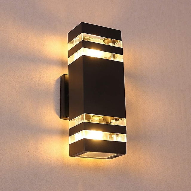 Apliques de pared para exteriores, luz de porche exterior impermeable negra, lámpara de pared moderna para patio arriba y abajo para puerta de entrada, balcón, garaje, jardín, aluminio + vidrio