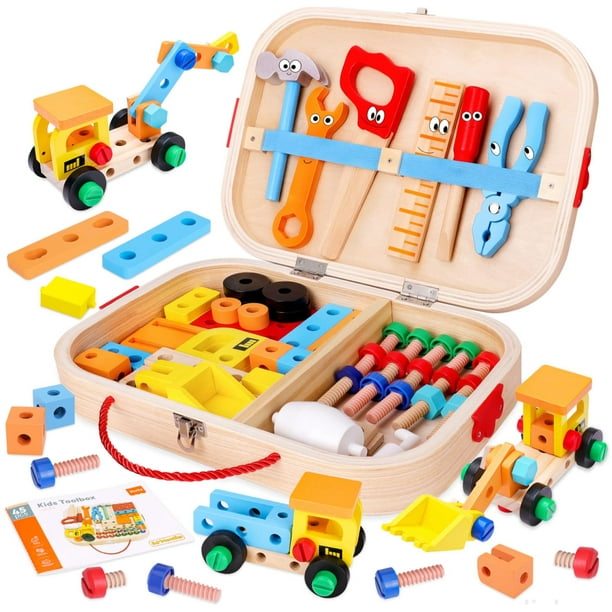Juego de herramientas MindPal Kids de 45 piezas con caja de herramientas de madera para niños de más de 3 años