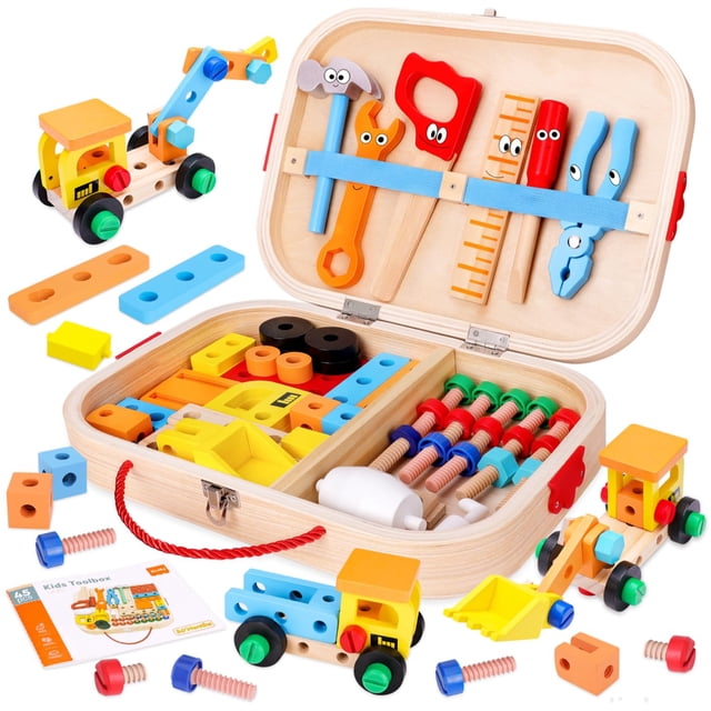 Juego de herramientas MindPal Kids de 45 piezas con caja de herramientas de madera para niños de más de 3 años