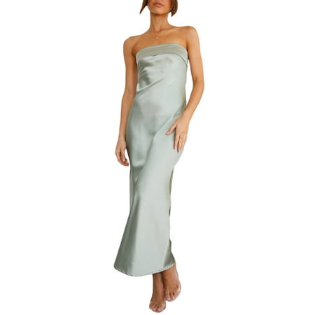 Acuteok Women Off Shoulder Dress  Solid Color Backless Elastic Strap Silk Surface One Piece Elegant One Piece Long Gown