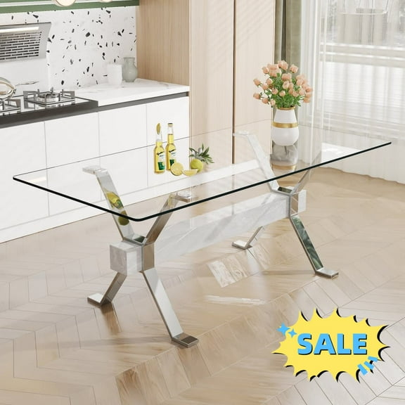 Tcbosik 71 inch Glass Dining Table, Large Kitchen Table with Metal Legs for 4-6 Person, Rectangular Writing Table for Home Office, Silver