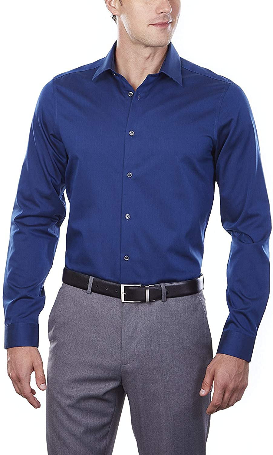 Calvin Klein Mens Dress Shirt Slim Fit Non-Iron Herringbone Slim Fit Point  Collar Regular Cuff  Neck 34-35 Sleeve Blue Velvet 
