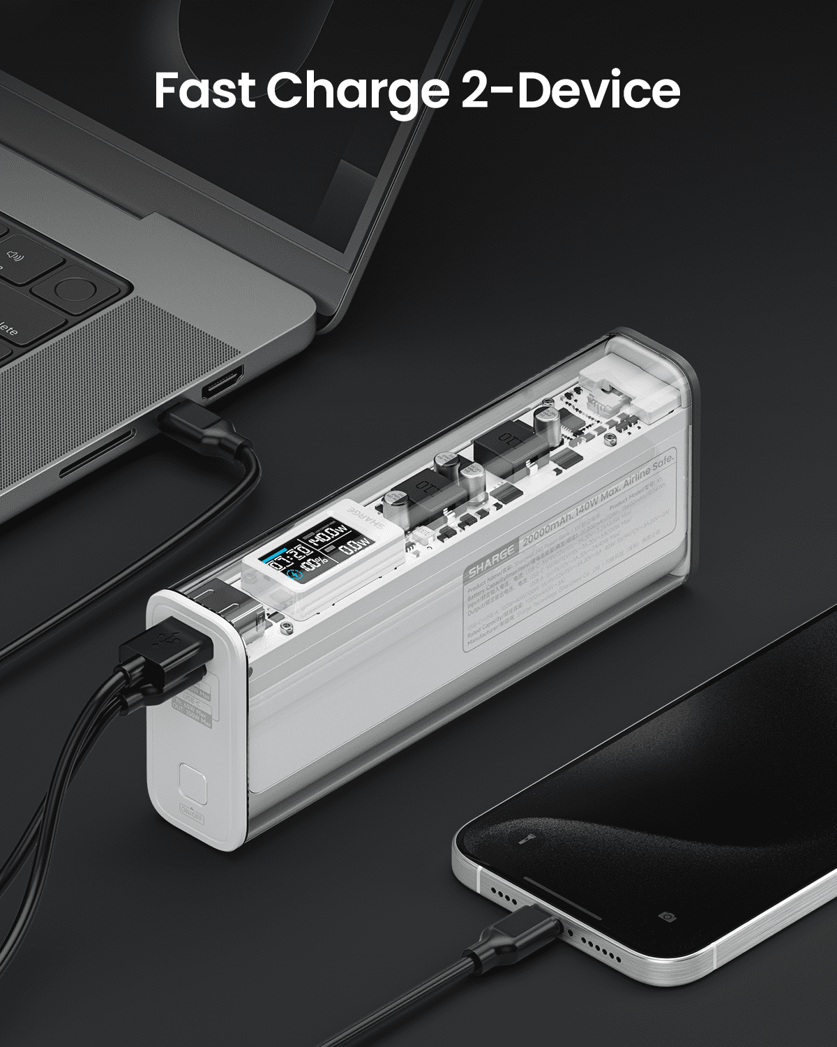 SHARGEEK 140 Power Bank, 140W Output 20000mAh Portable Charger with Screen Display, Transparent, USB C& USB A Port Laptop Power Bank for iPhone 16/15/14 Series MacBook Steam Deck
