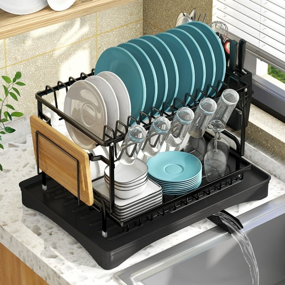 Storvive 2 Tier Carbon Steel Dish Drying Rack for Kitchen Counter With Drain Board, Cutlery Rack