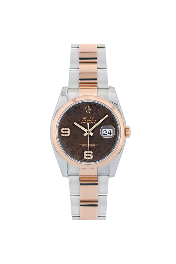 Pre-Owned Rolex Datejust 36MM 116201 Brown Floral Arabic Diamond Dial Smooth Bezel Two Tone Rose Gold Oyster Bracelet