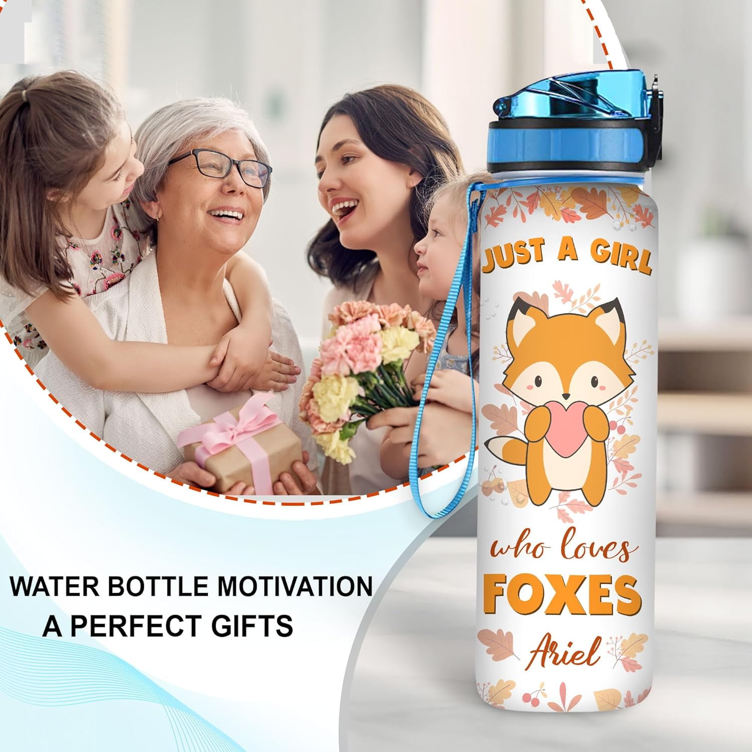 Personalized Fox Lovers 32 Oz 1Liter Motivational Water Bottle, Just A Girl Who Loves Foxes Custom Name Water Bottle With Time Marker, Gifts For Women Girl On Birthday, Mother Day's
