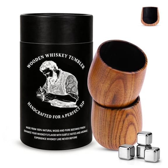Yucurem Charred Wooden Bourbon Drinking Glass, 2 Packs Wooden Whiskey Glass for Him, Bourbon Glass Gift for Dad, Men