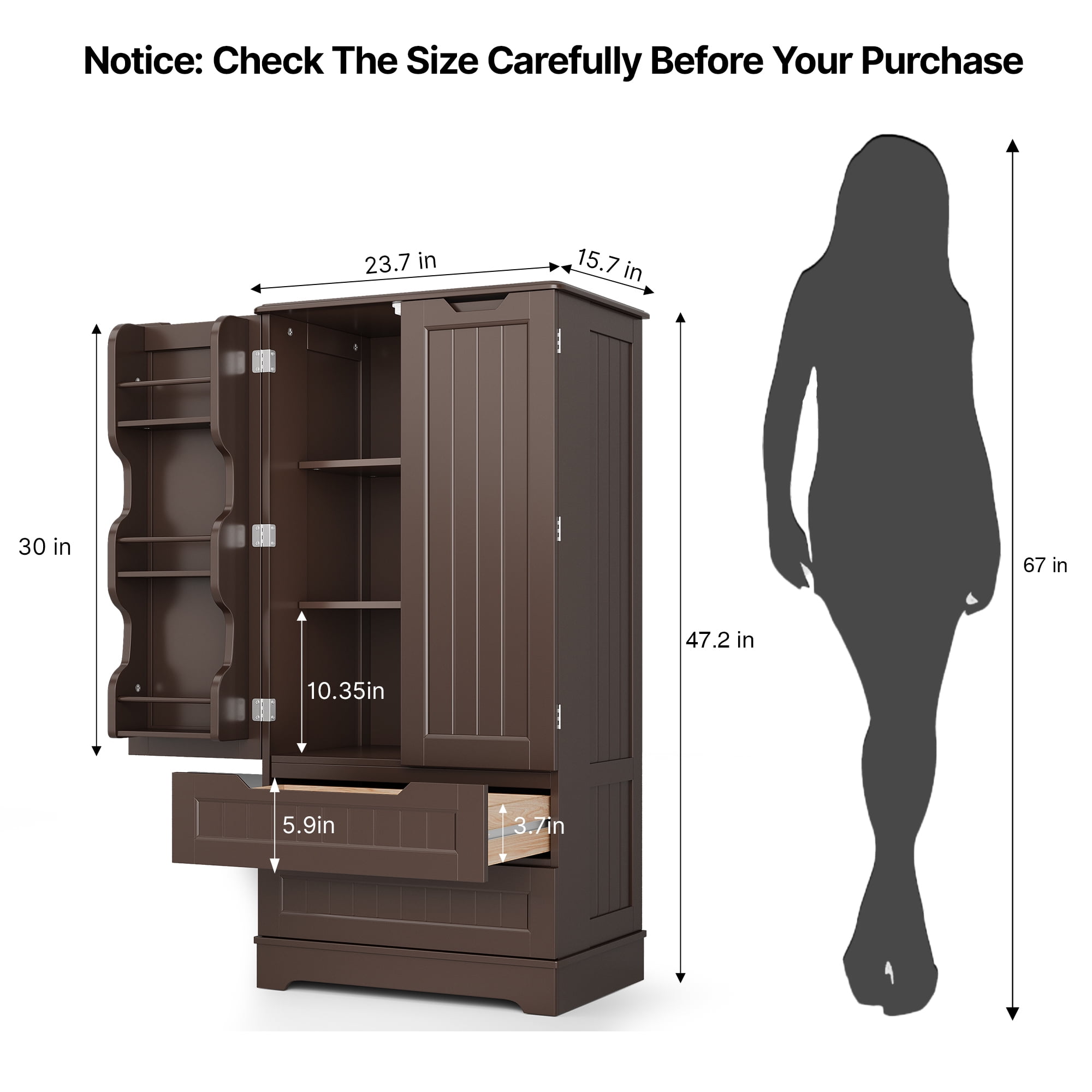 Pantry Cabinet, Lofka 47" Modern Kitchen Cabinet with 2 Shelves, 2 Drawers & 6 Side Door Shelves - Durable, Moisture-Resistant & Easy to Install, Dark Brown