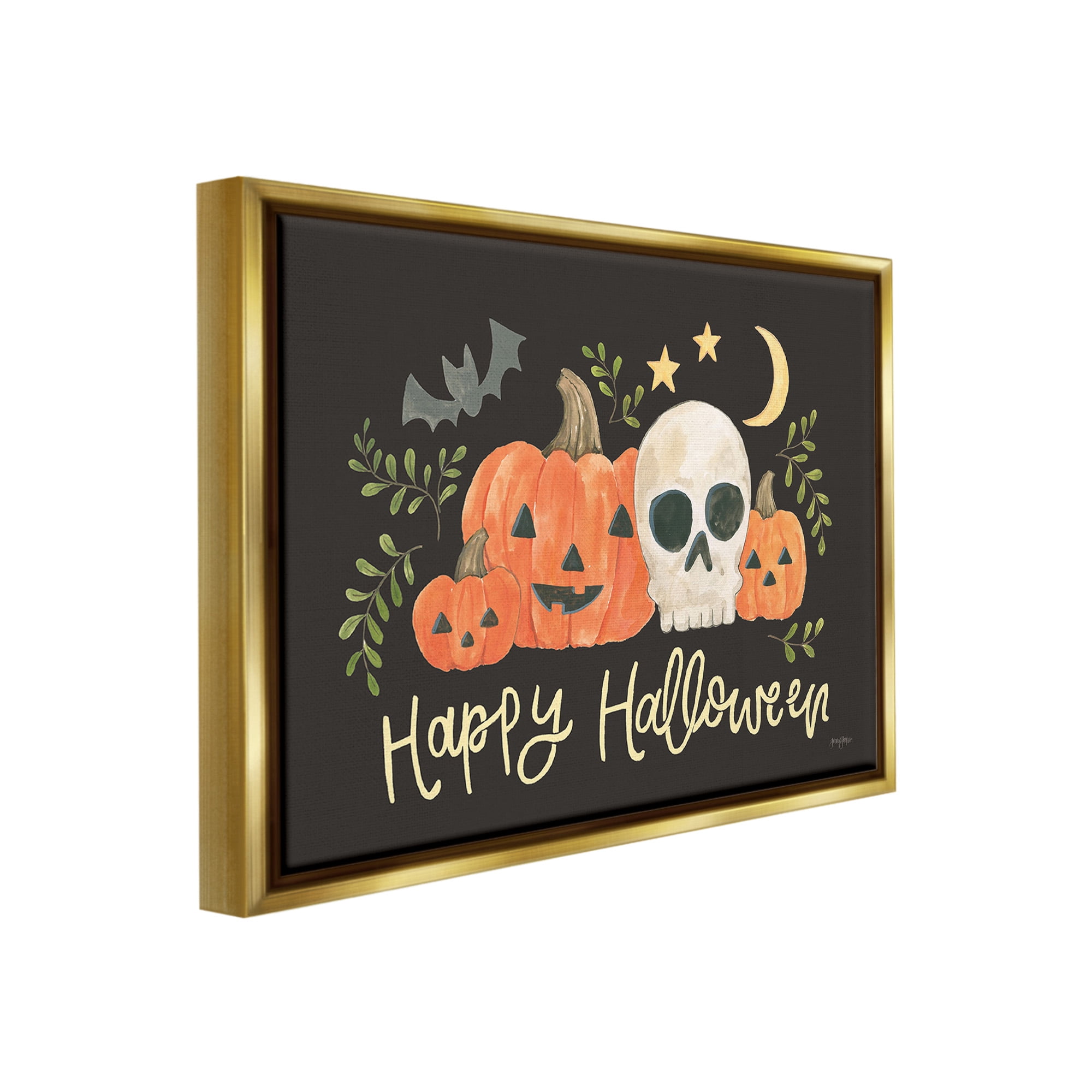 Stupell Industries Whimsical Happy Halloween Holiday Painting Gold Floater Framed Canvas Art Print Wall Art, 21 x 17