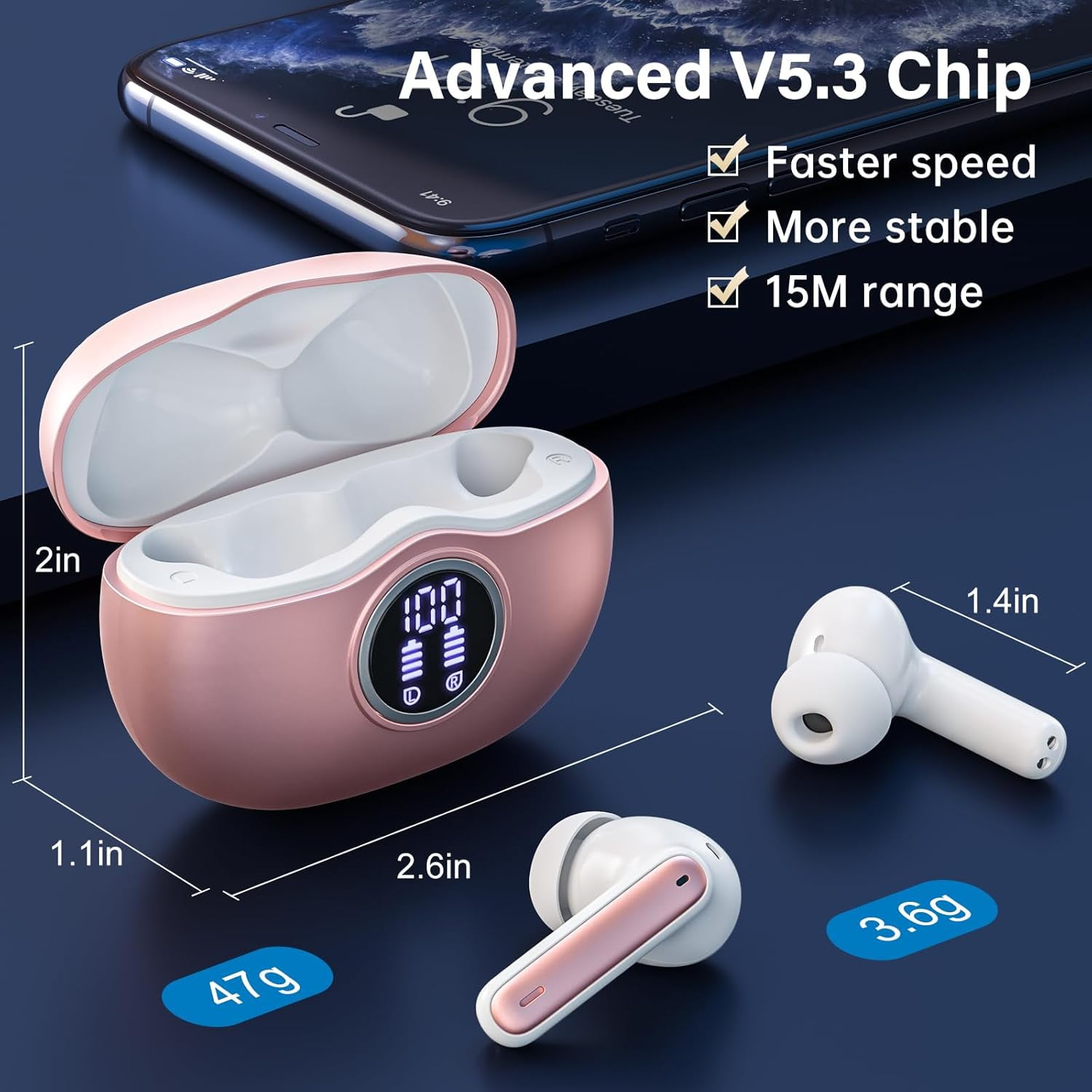 A10 Pro Wireless Earbuds, Bluetooth 5.3 Headphones HiFi Stereo 50H