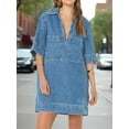 thumbnail image 2 of V Neck Mini Dress Womens Denim Shirt Dress Summer Collared Casual Jean Dresses with Pockets, 2 of 6