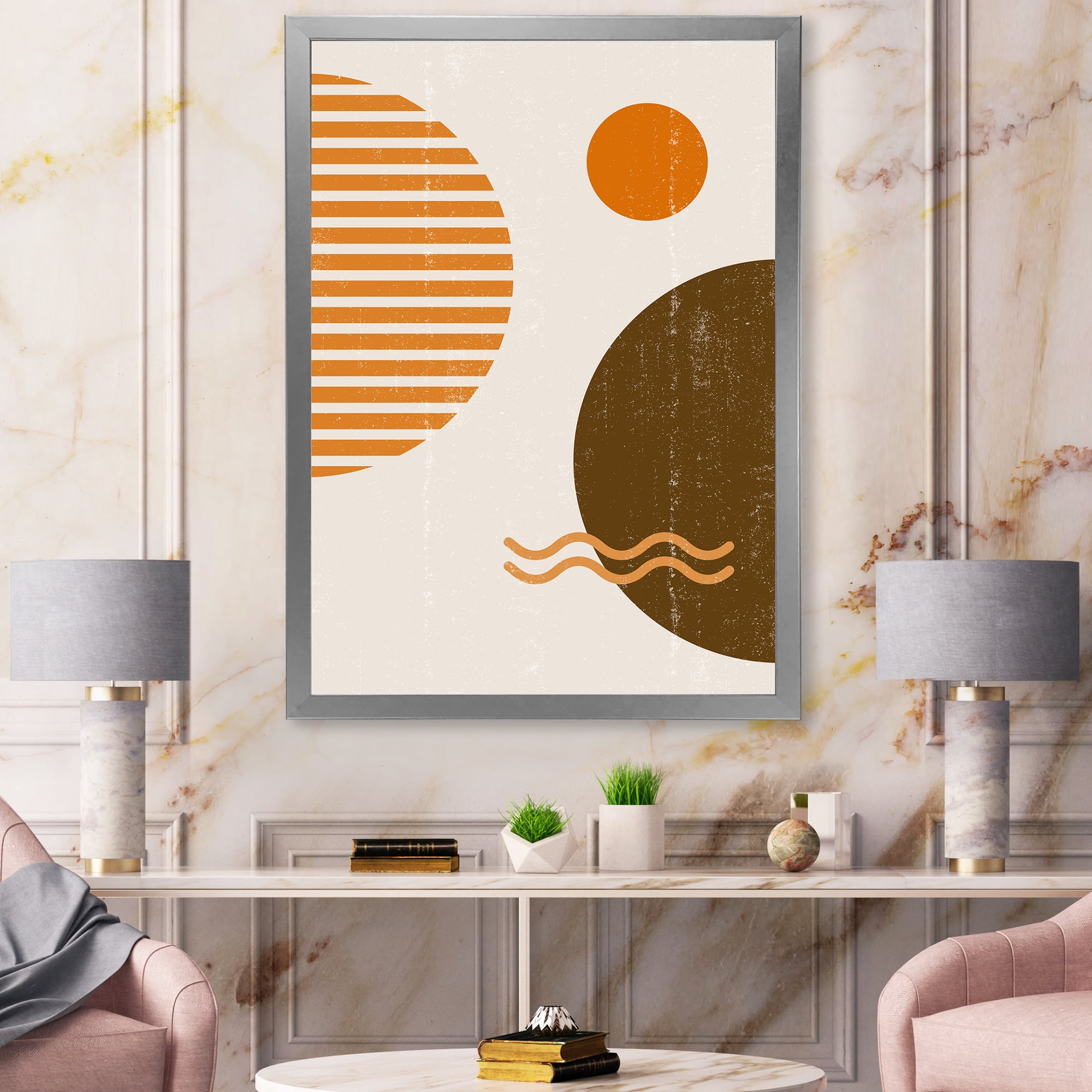 Designart 'Abstract Minimal Moon and Sun In Earth Tones III' Modern Framed Art Print