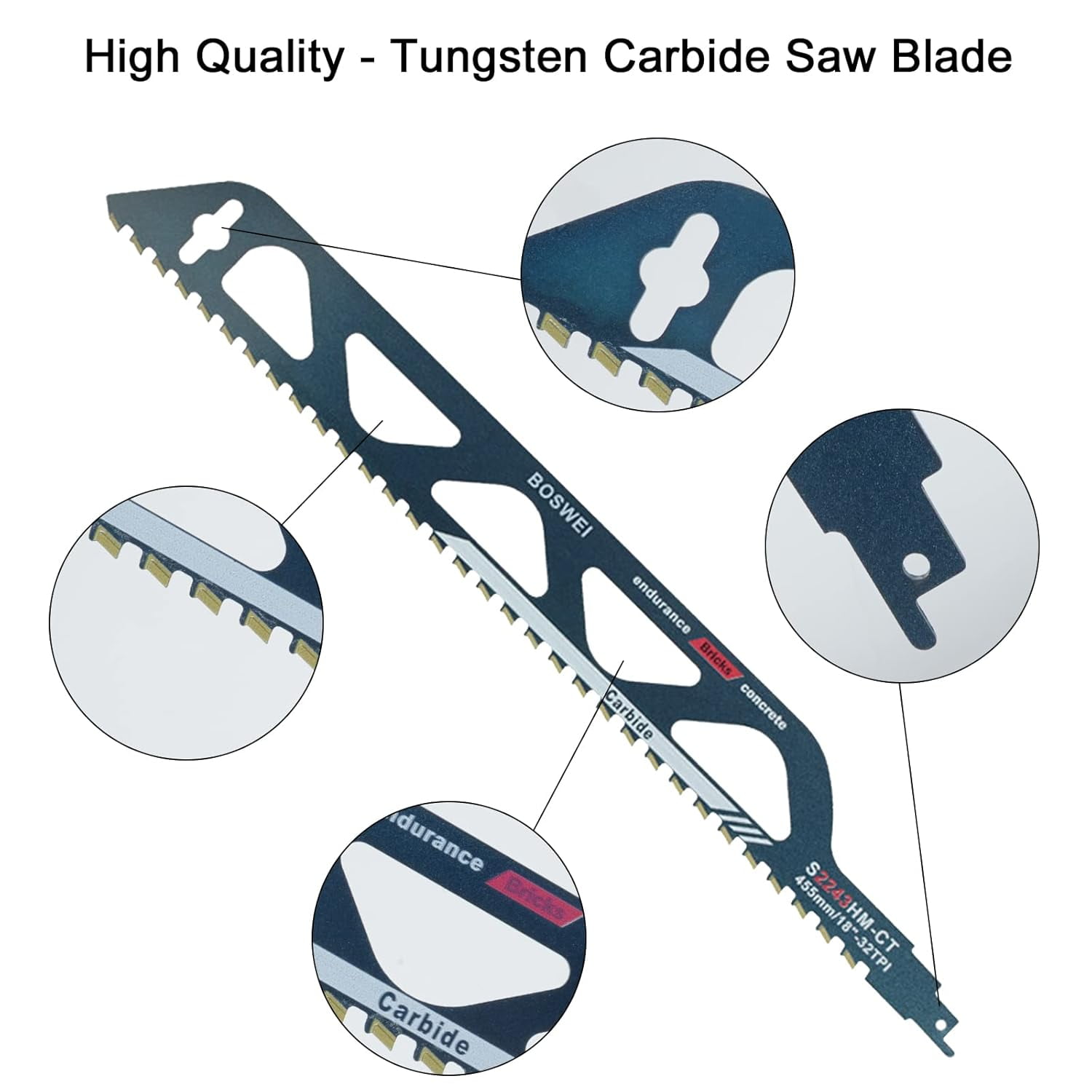 Tungsten Carbide Steel Reciprocating Saw Blade for Metal, Wood, Stone, Reciprocating Saw Accessories for Aerated Concrete, Brick, Concrete, Cement Board, Length (455mm (S2243HM))