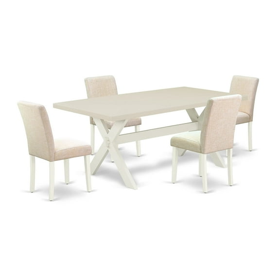 East West Furniture 5-Pc Modern Dinette Set Included 4 Parson Dining chairs Upholstered Nails Head Seat and Stylish Chair Back and Rectangular Wood Dining Table with Linen White rectangular Table Top