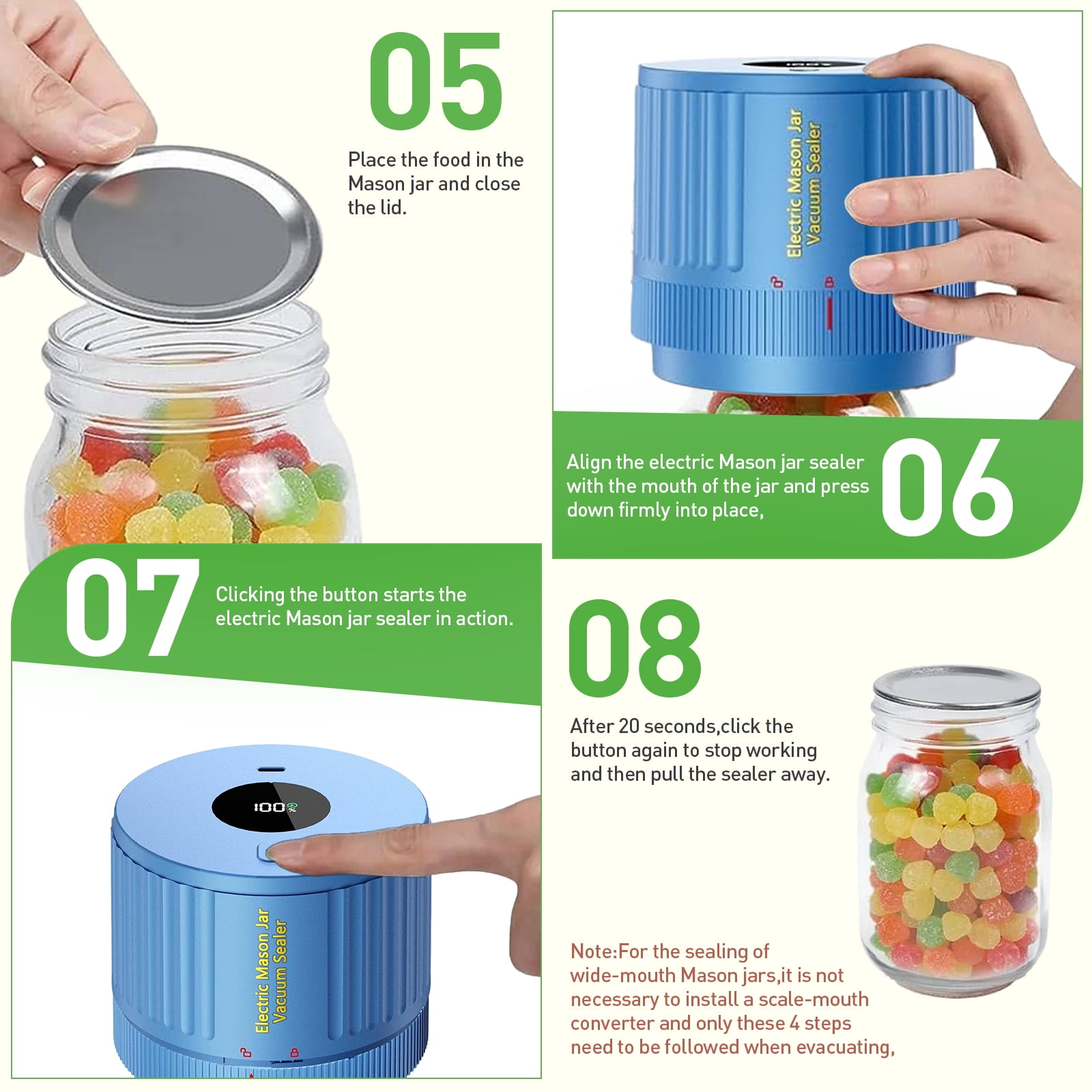AARTVARK TEES Electric Mason Jar Vacuum Sealer, Vacuum Sealer Kit for Wide-Mouth & Regular-Mouth Mason Jars, Food Storage and Fermentation, Blue