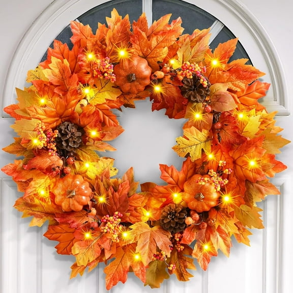 20 Inch Lighted Fall Wreaths for Front Door Fall Decor, Orange Maple Leaf Autumn Wreath with Pumpkins Thanksgiving Fall Decorations for Home