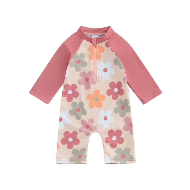Argulvti Toddler Boy Girl Rash Guard Swimsuit Animal/Floral/Tree Print Long Sleeve Mock Neck Zip Bathing Suit