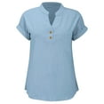 thumbnail image 5 of EWASWON Women's Casual Short Sleeve Button-Up Blouse with Pocket – Loose-Fit Cotton-Linen V-Neck Shirt for Office, Outdoor & Daily Wear,Blue,M, 5 of 7