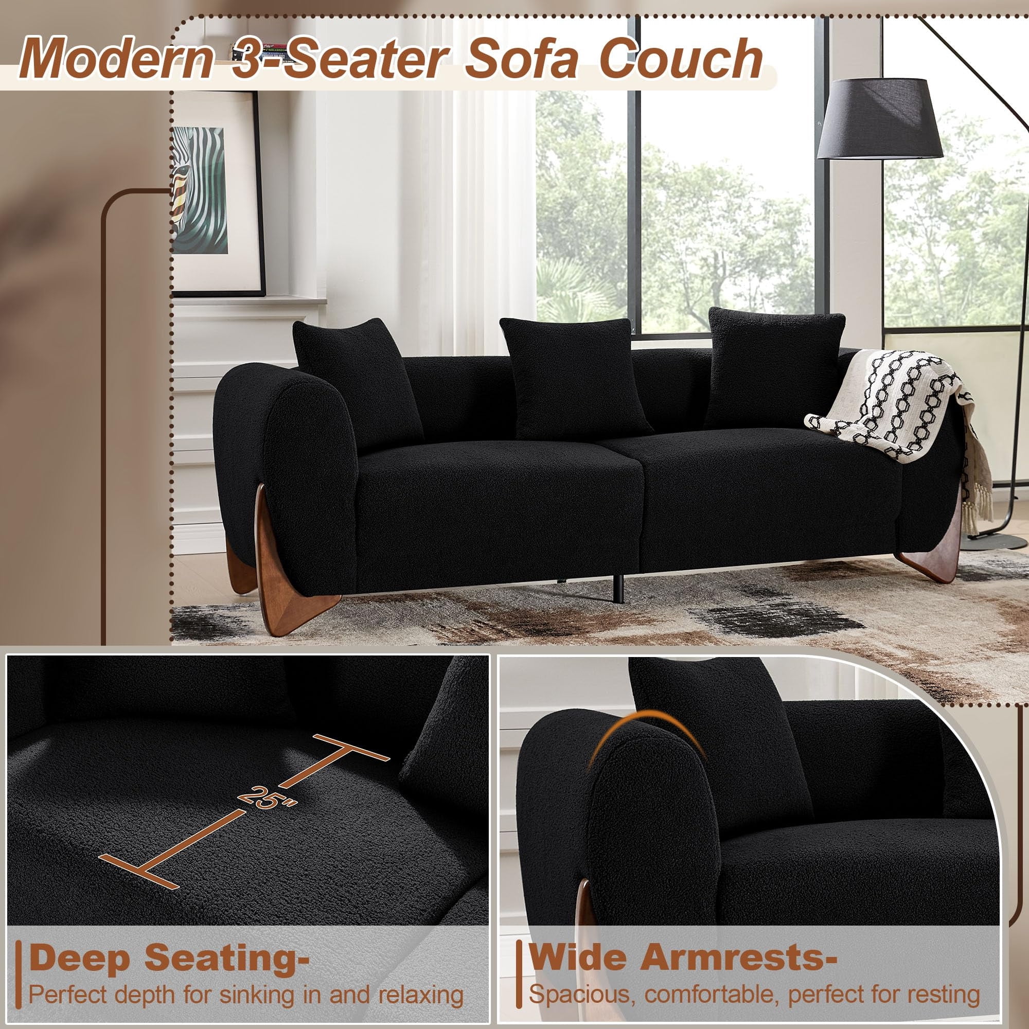 Aukfa 83" Comfy Sofa Sherpa Boucle Living Room Couch, 26" Extra Deep Seat, 4 Pillows, Black