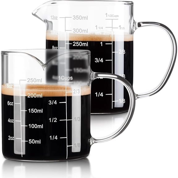 Glass Measuring Cup, Two-Pack (8OZ, 12OZ) with V-Shaped Mouth, Liquid Measuring Cups, Coffee Glass Measuring Cup with Handle, Suitable for Kitchen and Restaurant.