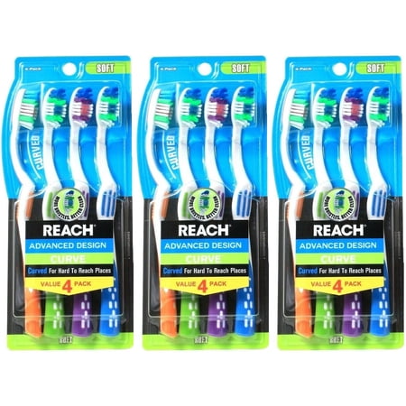 Reach Advanced Design Curve Soft Toothbrushes, 4 Count (Pack of 3) Total 12 Toothbrushes, Colors May Vary