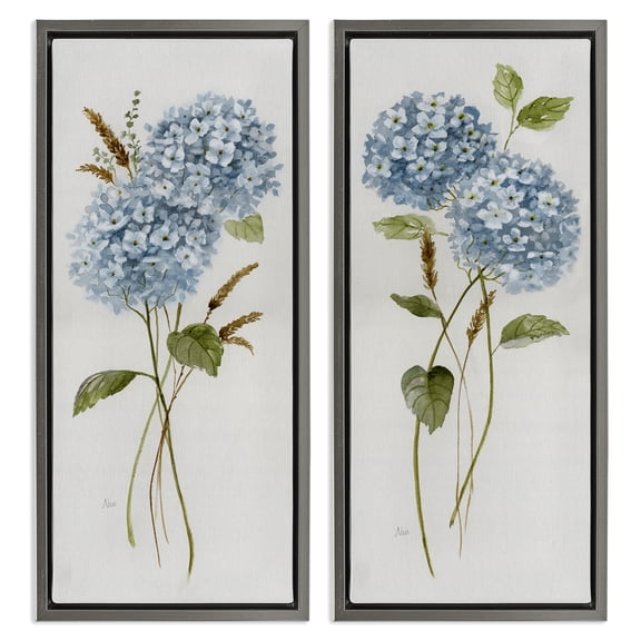Stupell Industries Blue Hydrangea Long Stems Botanical & Floral Painting Gray Floater Framed Canvas Art Print Wall Art, 11 x 25, Set of 2