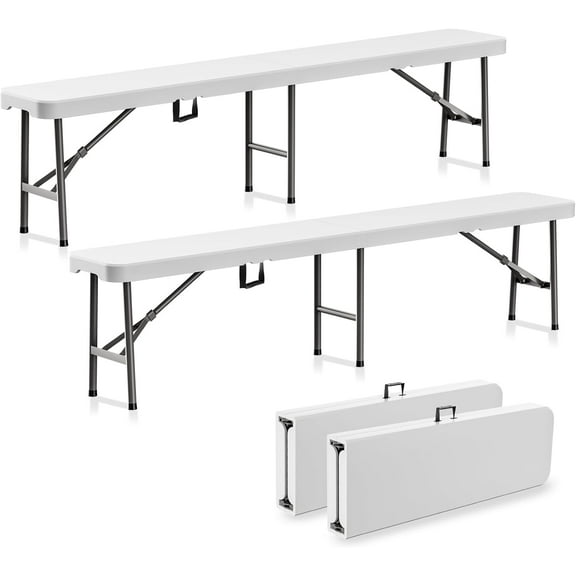 6FT Folding  Set, HDPE Plastic Outdoor Benches, 72 Inch White Weather-Resistant, Portable with Handle, 500 LBS Capacity, Pack of 2 (White)